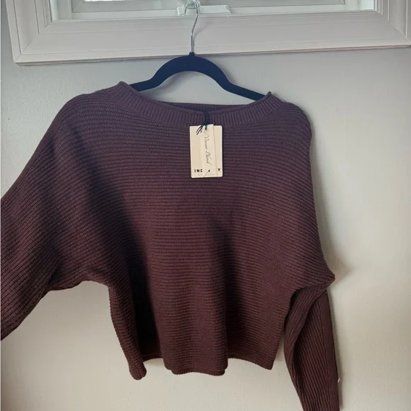 Cropped Ribbed Crew Neck Sweater - Deep Chocolate Brown - Picture 2 of 5